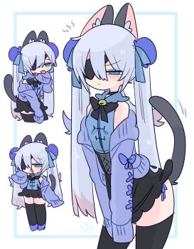 1boy :/ animal_ear_fluff animal_ears arched_back armpit_crease bare_shoulders bell black_bow black_bowtie black_choker black_corset black_skirt black_thighhighs blue_bow blue_eyes blue_hair blue_shirt blush bow bowtie bulge bun_cover cardigan cat_boy cat_ears cat_tail choker collared_shirt colored_tips commentary corset covering_crotch covering_privates cowboy_shot crossdressing crossdressing_(mtf) double-parted_bangs double_bun eyepatch flipped_hair frilled_shirt_collar frills full_body furrowed_brow grey_tail hair_between_eyes hair_bow hair_bun hand_up highres jingle_bell jirai_kei leaning_forward long_hair long_sleeves male_focus miniskirt multicolored_hair multiple_views narrowed_eyes neck_bell no_nose off_shoulder one_eye_covered op_na_yarou open_cardigan open_clothes open_mouth original panties panty_peek purple_cardigan purple_panties purple_shoes quad_tails red_hair rigel_(op_na_yarou) shirt shoes side-tie_panties sidelocks simple_background skirt sleeveless sleeveless_shirt sleeves_past_fingers sleeves_past_wrists standing straight_hair tail thighhighs thighs tongue tongue_out trap underwear v_arms very_long_hair watermark white_background white_hair