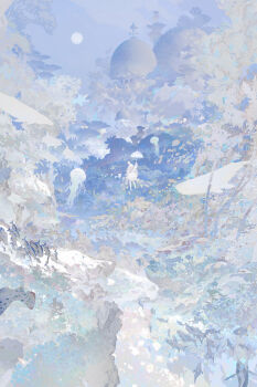 1girl absurdres carp coral coral_reef crown dolphin dome dress fish hand_up highres holding holding_umbrella ice_(805482263) jellyfish long_hair original pantyhose purple_theme scenery solo umbrella underwater vegetation weather_vane whale white_dress white_hair white_pantyhose