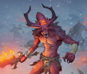 abs absurdres bandages bloodletter colored_skin daemon_(warhammer) demon_horns fangs fighting_stance fingernails fire flaming_sword flaming_weapon glowing glowing_eyes highres holding holding_sword holding_weapon horns khorne_(mark) loincloth long_fingernails open_mouth pelvic_curtain red_eyes red_skin rokkleva sword warhammer_40k warhammer_fantasy weapon