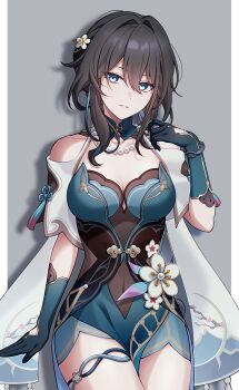 1girl absurdres bad_link bead_necklace beads black_hair border breasts china_dress chinese_clothes clothing_cutout covered_navel dress dress_flower flower gloves green_dress green_eyes green_gloves grey_background hair_between_eyes hair_ornament hand_up highres honkai:_star_rail honkai_(series) jewelry long_hair looking_at_viewer necklace parted_lips pochimaru_(marumaru_wanwan) ruan_mei_(honkai:_star_rail) shadow shoulder_cutout simple_background smile solo white_border white_flower