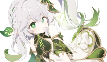 Rule 34 | 1girl, :o, bare shoulders, blush, braid, commentary request, cross-shaped pupils, detached sleeves, dress, genshin impact, gradient hair, green eyes, green hair, green sleeves, grey hair, hair ornament, highres, leaf hair ornament, long hair, looking at viewer, multicolored hair, nahida (genshin impact), open mouth, short sleeves, side ponytail, simple background, sleeveless, sleeveless dress, solo, symbol-shaped pupils, two-tone hair, upper body, urotsuki (ku9625), white background, white dress