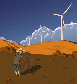 Rule 34 | 1girl, absurdres, black skirt, blue sky, blunt bangs, brown hair, brown hat, brown hoodie, camera, closed eyes, cloud, commentary, from behind, full body, hat, highres, hill, hitsuji (hitsujigoods), hitsuji (hitsujigoods) (character), hood, hoodie, looking back, medium skirt, open mouth, original, skirt, sky, sleeves past wrists, smile, solo, tripod, wind turbine, windmill