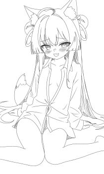 1girl :d animal_ears arm_support barefoot breasts fang fox_ears fox_girl fox_tail greyscale highres leeleo_25 lineart long_hair long_sleeves looking_at_viewer monochrome naked_shirt no_pants open_clothes open_mouth open_shirt raised_inner_eyebrows reclining shirt skin_fang small_breasts smile stellive tail tenko_shibuki virtual_youtuber