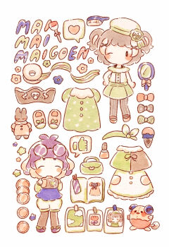 2girls absurdres black_eyes blue_shirt brown_hair camera commentary_request copyright_name eyewear_on_head glasses green_skirt grey_pantyhose highres holding holding_camera madoka_(maimaimaigoen) maimaimaigoen mirror multiple_girls no_mouth no_nose pantyhose purple_hair shirt short_hair shorts skirt solid_oval_eyes spoken_thumbs_up stuffed_animal stuffed_rabbit stuffed_toy traditional_media white_shorts yukichi_0611 yuzuriha_(maimaimaigoen)