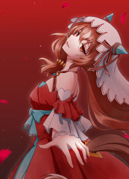 Rule 34 | 1girl, absurdres, animal ears, bare shoulders, bow, breasts, brown hair, commentary request, detached sleeves, dress, ear covers, ear ribbon, hair between eyes, highres, horse ears, horse girl, horse tail, long hair, looking at viewer, parted lips, petals, red background, red dress, red eyes, ribbon, small breasts, smile, solo, still in love (scarlet vow raiment) (umamusume), still in love (umamusume), tail, take20131004, umamusume, veil, white streaks, white veil