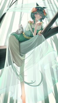 1girl absurdres animal_ears blue_eyes blush breasts cat chain_ma commentary_request dress flower green_dress grey_hair hair_between_eyes hair_flower hair_ornament highres horse_ears horse_girl horse_tail looking_at_viewer medium_hair on_branch open_mouth see-through_clothes see-through_dress seiun_sky_(umamusume) smile solo tail tree umamusume