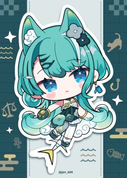 1girl :&lt; animal_ear_fluff animal_ears animal_hands asymmetrical_gloves bare_shoulders blue_eyes blush_stickers cat_ears cat_girl chibi chibi_only closed_mouth dress earrings fish_skeleton full_body gloves green_dress green_gloves green_hair green_sandals hashtag-only_commentary highres jewelry kashiwase_karune long_hair mismatched_gloves okobo original outline pantyhose parted_bangs paw_gloves platform_sandals sandals single_earring sleeveless sleeveless_dress solo standing standing_on_one_leg tabi twitter_username white_gloves white_outline white_pantyhose
