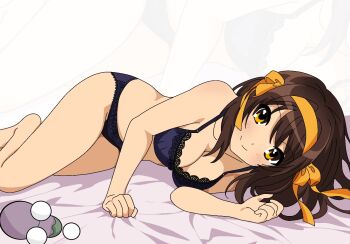 1girl artist_self-insert bed black_bra black_panties bra breasts brown_eyes brown_hair cleavage commentary eggplant english_commentary feet_out_of_frame hairband looking_at_viewer lying medium_breasts on_side orange_hairband panties suzumiya_haruhi suzumiya_haruhi_no_yuuutsu underwear underwear_only yuiyu_ki zoom_layer
