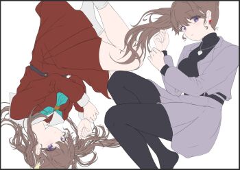 Rule 34 | 1girl, aqua neckerchief, black pantyhose, black sweater, breasts, brown dress, brown hair, chain, chain necklace, closed mouth, dress, earrings, floating hair, foot out of frame, fujishima megumi, fujishima megumi (post-graduation), grey jacket, grey skirt, hair ornament, hair ribbon, hasu no sora school uniform, heart, heart earrings, heart necklace, jacket, jewelry, large breasts, link! like! love live!, long hair, long sleeves, looking at viewer, love live!, medium dress, miniskirt, multiple views, neckerchief, necklace, no shoes, on your mark (love live!), open clothes, open jacket, pantyhose, parted lips, pleated dress, pleated skirt, ponytail, purple eyes, rakinegimagi, ribbon, rotational symmetry, sailor collar, sailor dress, school uniform, sidelocks, simple background, skirt, smile, socks, suit jacket, sweater, triangle hair ornament, turtleneck, turtleneck sweater, twintails, unfinished, virtual youtuber, white background, white ribbon, white sailor collar, white socks, winter uniform