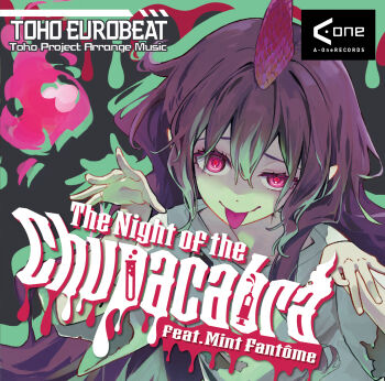 1girl :p a-one album_cover album_name alternate_costume closed_mouth commentary commentary_request cover english_commentary english_text highres horns long_hair looking_at_viewer mixed-language_commentary outstretched_arms pointy_ears purple_hair purple_horns red_eyes shirt single_horn smile solo syuri22 tenkajin_chiyari tongue tongue_out touhou very_long_hair white_shirt zombie_pose