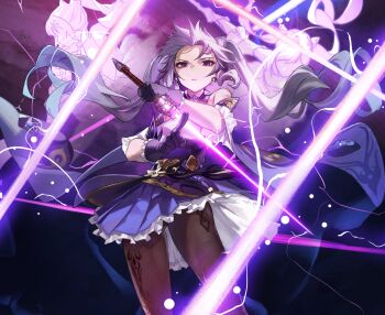 1girl bare_shoulders brown_pantyhose clone cowboy_shot daniel_deng dress earrings electricity frilled_skirt frilled_sleeves frills genshin_impact gloves glowing hair_bun highres holding holding_sword holding_weapon jewelry keqing_(genshin_impact) looking_at_viewer pantyhose purple_background purple_dress purple_eyes purple_gloves purple_hair simple_background skirt solo sword thighs twintails weapon wind wind_lift