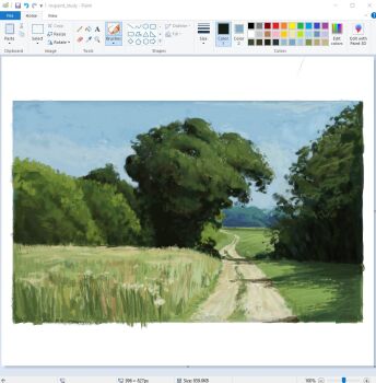 art_program_in_frame blue_sky border bush christian_young dappled_sunlight day forest grass landscape microsoft_paint_(medium) nature no_humans original outdoors path road scenery sky sunlight tree white_border
