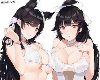 1girl 2girls alternate_costume animal_ears asymmetrical_docking atago_(azur_lane) atago_(summer_march)_(azur_lane) azur_lane bikini black_hair blush bow breast_press breasts brown_eyes closed_mouth covered_erect_nipples extra_ears hair_bow hair_ribbon j@ck large_breasts leaning_forward long_hair looking_at_viewer mole mole_under_eye multiple_girls one-piece_swimsuit parted_lips ponytail ribbon simple_background skindentation smile swept_bangs swimsuit takao_(azur_lane) takao_(beach_rhapsody)_(azur_lane) twitter_username upper_body very_long_hair white_background white_bikini white_bow white_one-piece_swimsuit white_ribbon wristband