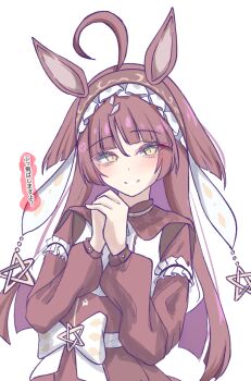 1girl ahoge animal_ears blunt_bangs blush breasts commentary_request hair_between_eyes hair_flaps hair_ornament hairband horse_girl looking_at_viewer own_hands_clasped own_hands_together portrait red_desire_(umamusume) red_hair small_breasts solo tofu_thunder translation_request umamusume white_background