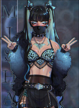 1girl black_hair blackberreh-art blue_eyeshadow blush bralette breasts bug butterfly_hair_ornament chain chain_necklace cleavage coat collar collarbone commentary earrings english_commentary eyeshadow fur_coat goth_fashion hair_ornament high-waist_pantyhose highres insect jewelry long_hair looking_at_viewer makeup mask min_xia moth mouth_mask navel necklace original pantyhose red_pupils skirt spiked_collar spiked_hair_ornament spikes the_magnus_archives twintails