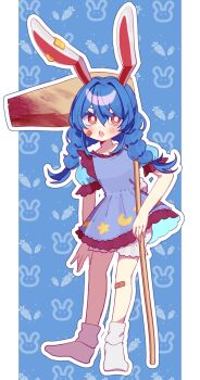 Rule 34 | 1girl, animal ears, bandaid, bandaid on knee, bandaid on leg, bloomers, blue background, blue dress, blue hair, blush, braid, bright pupils, carrot background, commentary, dress, frills, full body, hair between eyes, highres, kine, long hair, mallet, parted lips, rabbit background, rabbit ears, rabbit girl, rabbit tail, red eyes, sakikagami, seiran (touhou), short sleeves, socks, solo, standing, tail, touhou, twin braids, underwear, white bloomers, white pupils, white socks
