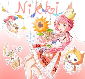 Rule 34 | 2girls, ahoge, animal, ankle socks, bare shoulders, bead necklace, beads, bell, belt, belt buckle, beret, birthday, black belt, black bow, black ribbon, bloom poetry (shining nikki), blue flower, blunt bangs, bouquet, bow, bow choker, bowtie, box, bra strap, brown eyes, buckle, cake, cake slice, cat, character name, chinese commentary, choker, cloak, clothed animal, commentary request, confetti, crown, dress, drop shadow, dual persona, ear covers, eyelashes, fengxianfangkong, flower, food, fork, four-pointed star, frilled shirt, frilled skirt, frilled sleeves, frills, garland (decoration), gift, gradient background, hair bow, hair ribbon, halftone, hat, hexagram, high-waist skirt, highres, holding, holding bouquet, holding flower, holding fork, holding gift, hood, hood up, hooded cloak, infinity nikki, jewelry, knees, layered skirt, light blush, long hair, long sidelocks, long sleeves, looking at viewer, low twintails, momo (nikki), multiple girls, necklace, nikki (nikki), nikki (series), off-shoulder shirt, off shoulder, open mouth, outline, oversized food, oversized object, perfect start (infinity nikki), piecey, pinafore dress, pink background, pink bow, pink bowtie, pink choker, pink dress, pink hair, pink ribbon, pink skirt, plate, pleated skirt, print skirt, puffy long sleeves, puffy sleeves, red bow, red bowtie, ribbon, see-through clothes, see-through sleeves, shining nikki, shirt, shoes, sidelocks, single stripe, skirt, sleeve belt, sleeveless, sleeveless dress, smile, snowflake print, socks, solid oval eyes, star (symbol), star necklace, striped choker, sunflower, teeth, tress ribbon, twintails, two-tone background, upper teeth only, very long hair, wavy hair, whiskers, white background, white cat, white hair, white outline, white shirt, white shoes, white skirt, white socks, yellow cloak, yellow crown, yellow flower