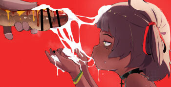 1boy 1girl bar_censor black_nails bracelet brown_hair censored closed_mouth cross cross_necklace cum cum_in_mouth cum_on_hair dark-skinned_female dark_skin hair_ribbon half-closed_eyes highres hot_dog hot_dog_bun hottodg jewelry loli mole mole_under_eye mustard necklace original red_background red_ribbon ribbon short_twintails simple_background solo_focus sweat twintails yellow_eyes