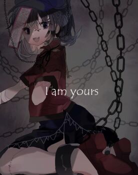 1girl amputee black_eyes black_hair black_ribbon black_skirt chain commentary_request fang full_body grey_background hat jiangshi looking_at_viewer miyako_yoshika neck_ribbon newsboy_cap ofuda one-hour_drawing_challenge open_mouth purple_hat red_shirt red_shoes ribbon shinjitsu_no_kuchi shirt shoes short_hair short_sleeves skin_fang skirt smile solo stitches touhou