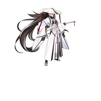 1girl black_gloves brown_eyes brown_hair crop_top fate/grand_order fate_(series) full_body gloves hair_ribbon hakama haori hat highres holding holding_sword holding_weapon japanese_clothes japanese_hat katana kawakami_gensai_(fate) kawakami_gensai_(third_ascension)_(fate) large_variant_set long_hair looking_at_viewer midriff multicolored_hair navel official_art ponytail ribbon shirt shoes solo standing streaked_hair sword tachi-e takeuchi_takashi third-party_source transparent_background two-tone_hair variant_set weapon white_hair white_hakama white_haori white_hat white_ribbon wide_brim