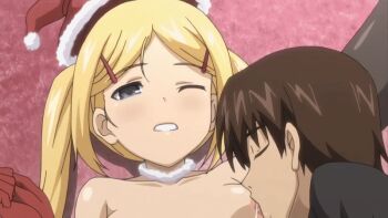 1boy 1girl 2013 animated animated_gif bell black_thighhighs blonde_hair blue_eyes breast_sucking breasts censored clothes_lift clothes_pull bad_tag detached_sleeves elbow_gloves fingering gloves hair_ornament hairclip hetero koiito_kinenbi_the_animation large_breasts long_hair mosaic_censoring nipples panties panties_around_leg pussy pussy_juice pussy_play saliva santa_costume sasha_(koiito_kinenbi_the_animation) shirt_pull skirt skirt_lift tagme thighhighs twintails underwear white_panties