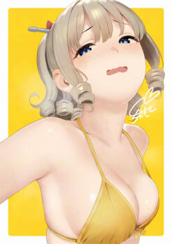 1girl bikini blue_eyes breasts cleavage collarbone commentary_request drill_hair grey_hair hatakaze_(kancolle) kantai_collection medium_breasts open_mouth ponytail sakiecho signature solo swimsuit upper_body wavy_hair yellow_background yellow_bikini