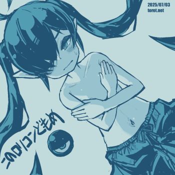 1girl ahoge backbeako_(torotei) backbeard blue_background blue_theme blush closed_mouth commentary_request covering_breasts covering_privates dated dated_commentary dutch_angle gegege_no_kitarou hair_over_one_eye half-closed_eye kono_lolicon_domome long_hair looking_at_viewer male_swimwear male_swimwear_challenge monochrome navel one_eye_closed original paid_reward_available petite pointy_ears simple_background solo sweatdrop swim_trunks topless_female torotei translated twintails watermark web_address