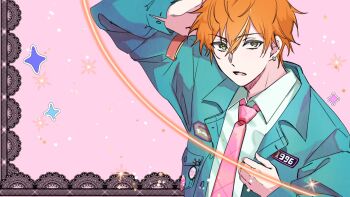 1boy arm_up blonde_hair breast_pocket chako_(chaaaaa_1001) collared_shirt commentary_request earrings hair_between_eyes hand_on_own_head hand_up highres jewelry layered_clothes long_sleeves looking_at_viewer male_focus multicolored_hair necktie official_alternate_costume open_clothes open_collar open_mouth open_shirt orange_hair pink_background pink_necktie pocket project_sekai shinonome_akito shirt short_hair solo sparkle streaked_hair two-tone_hair upper_body white_shirt wing_collar