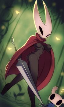 1girl ? arthropod_girl black_skin breasts bug butterfly cloak colored_skin covered_navel full_body green_background highres holding holding_weapon hollow_eyes hollow_knight hollow_knight:_silksong horned_mask hornet_(hollow_knight) insect knight_(hollow_knight) looking_at_viewer mask medium_breasts needle_(hollow_knight) red_cloak solo_focus standing weapon white_mask wildblur