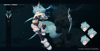 &gt;:( 1girl absurdres animal_ears animal_hands aqua_eyes aqua_hair black_shorts black_thighhighs breasts cai_xiao_xi crop_top cuffs dual_wielding dynamic_pose expressionless full_body fur-trimmed_gloves fur-trimmed_shoes fur-trimmed_shorts fur-trimmed_thighhighs fur_trim gloves groin hair_ornament highres holding multiple_expressions navel original paw_gloves paw_shoes reverse_grip serious shackles short_hair short_shorts shorts stomach sword tail tank_top thighhighs torn_clothes torn_tank_top torn_thighhighs v-shaped_eyebrows weapon wolf_ears wolf_girl wolf_tail x_hair_ornament