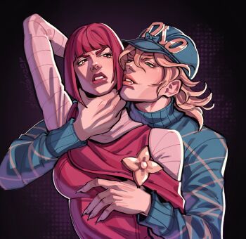 1boy 1girl argyle_clothes argyle_sweater arm_behind_head arm_up black_background blonde_hair blue_eyes blue_helmet blue_sweater bob_cut breasts capelet clenched_teeth clothing_cutout diego_brando fang fangs fingernails flower_ornament gentleslowdance gold_flower grey_shirt hand_on_another&#039;s_neck hashtag-only_commentary helmet hetero highres hot_pants_(sbr) jojo_no_kimyou_na_bouken long_sleeves medium_breasts medium_hair no_gloves no_headwear one_eye_closed pink_capelet pink_hair pink_lips red_eyes sharp_fingernails shirt short_hair shoulder_cutout steel_ball_run strangling sweater teeth turtleneck turtleneck_sweater