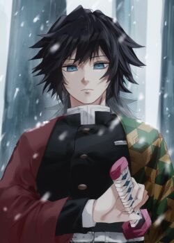 Rule 34 | 1boy, belt, black hair, black jacket, blue eyes, buttons, closed mouth, commentary request, demon slayer uniform, forest, gold buttons, hair between eyes, haori, high collar, highres, holding, holding sword, holding weapon, jacket, japanese clothes, katana, kikkoumon, kimetsu no yaiba, long hair, looking at viewer, low ponytail, male focus, nature, outdoors, ponytail, print haori, red haori, sittte, snow, solo, spiked hair, sword, tomioka giyuu, upper body, weapon, white belt