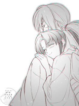 Rule 34 | 1boy, 1girl, absurdres, blush, closed eyes, closed mouth, couple, cross scar, facial scar, greyscale, hair ribbon, hair tie, hand on another's shoulder, hetero, highres, himura kenshin, japanese clothes, kamiya kaoru, low ponytail, monochrome, oyu kuda sai, parted bangs, ponytail, ribbon, rurouni kenshin, scar, scar on cheek, scar on face, sidelocks, smile, twitter username, upper body, white background