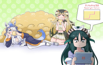 3girls :3 :t anaconda_(kemono_friends) animal_ears blonde_hair blue_eyes blue_hair blue_shirt blush closed_eyes coat crop_top crumbs eating food graph green_hair green_shirt green_skirt grey_shoes gyokuryu_(kemono_friends) hair_between_eyes hair_over_one_eye headgear highres horse_ears horse_girl horse_tail jacket japari_bun japari_symbol kako_(kemono_friends) kemono_friends kemono_friends_3 lab_coat long_hair lying metamimi midriff_peek multicolored_hair multiple_girls navel on_side open_clothes open_coat open_jacket orange_hair orange_trim pantyhose pleated_skirt purple_jacket seiza shirt shoes sidelocks sitting skirt snake_girl snake_print snake_tail tablet_pc tail translation_request white_hair white_pantyhose white_shirt