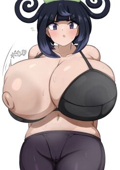 breasts gwynn_(pokemon) highres huge_breasts jaga334 nintendo nipples pokemon pokemon_legends:_z-a purple_eyes purple_hair solo