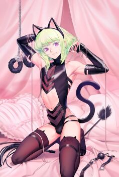 1boy animal_ear_hairband animal_ears arm_behind_head armpits ball_gag bare_shoulders bdsm bed_sheet black_leotard black_nails black_sleeves black_tail black_thighhighs bondage bound bulge cat_ear_hairband cat_ears cat_tail closed_mouth clothing_cutout crossdressing crossdressing_(mtf) curtains detached_sleeves fake_animal_ears fingernails full_body fuzzy_handcuffs gag green_hair hairband heart heart-shaped_pillow heattech_leotard kneeling leotard light_smile lio_fotia long_fingernails looking_at_viewer male_focus midriff nail_polish navel pillow promare purple_eyes sharp_fingernails short_hair solo solthrys stomach_cutout tail thighhighs trap turtleneck