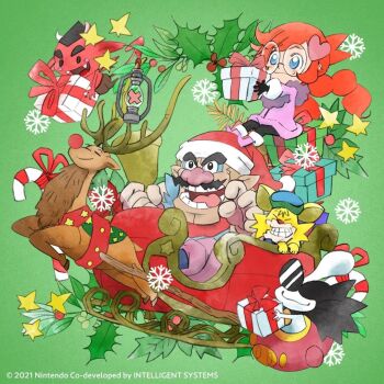 :3 alien blue_eyes box braid christmas demon furry gift gift_box glasses green_background hat jacket nintendo official_alternate_costume official_art orange_hair orbulon penny_crygor pink_jacket red_(warioware) red_nose red_scarf reindeer santa_hat scarf sleigh spitz takeuchi_kou tongue tongue_out twin_braids wario warioware