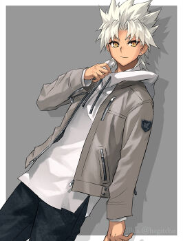 Rule 34 | 1boy, amakusa shirou (fate), border, brown jacket, cowboy shot, dark-skinned male, dark skin, earrings, fate/grand order, fate (series), grey background, hood, hoodie, jacket, jewelry, konoe ototsugu, long sleeves, looking at viewer, male focus, medium hair, pants, simple background, smile, solo, white border, white hair, white hoodie, yellow eyes