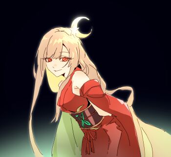 1girl bare_shoulders black_background blonde_hair chinese_commentary chou_kaguya-hime! closed_mouth commentary_request crescent crescent_hair_ornament detached_sleeves gradient_background hair_ornament highres japanese_clothes kaguya_(chou_kaguya-hime!) kimono leaning_forward long_hair long_sleeves looking_at_viewer obi orange_eyes red_kimono sash smile solo very_long_hair yin_can_cha