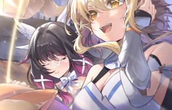 Rule 34 | 2girls, black hair, blonde hair, bow, bowtie, breasts, choker, cleavage, closed eyes, closed mouth, columbina (genshin impact), commentary request, dress, feathered wings, genshin impact, hair ribbon, head wings, highres, iriya (pixiv68685836), long sleeves, lumine (genshin impact), medium breasts, multiple girls, multiple wings, open mouth, orange eyes, pink hair, ribbon, sidelocks, smile, teeth, upper teeth only, white bow, white bowtie, white choker, white dress, white ribbon, white wings, wings