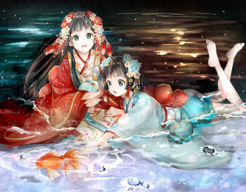 2girls aqua_eyes back_bow bare_legs barefoot black_hair blue_eyes blue_flower blue_kimono blunt_bangs bow bubble checkered_sash commentary_request curious daifukutaberuyo dot_nose eyelashes fish floral_print flower full_body gloves goldfish goldfish_girl_(miracle_nikki) gourd hair_flower hair_ornament hand_on_another&#039;s_head happy holding holding_gourd japanese_clothes kimono kneeling light_particles long_hair looking_at_viewer lying miracle_nikki miss_goldfish_(miracle_nikki) multiple_girls night nikki_(series) obi on_stomach open_mouth outdoors partially_submerged reaching red_bow red_flower red_kimono ripples sash short_hair short_kimono smile splashing tareme tassel tassel_hair_ornament toes very_long_hair white_gloves white_sash wide_sleeves