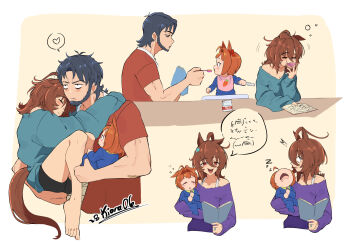 1boy 2girls :d aged_down agnes_tachyon_(casual)_(umamusume) agnes_tachyon_(umamusume) animal_ears aqua_shirt artist_name baby beard bib bike_shorts black_hair book bow brown_hair carrying carrying_person closed_mouth commentary_request daiwa_scarlet_(umamusume) drink_carton drooling ear_bow eating facial_hair family feeding heart highres holding holding_book holding_spoon horse_ears horse_girl horse_tail jewelry kiora06 long_sleeves math medium_hair milk_carton mouth_drool multiple_girls open_mouth purple_shirt red_bow red_eyes red_shirt ring shirt short_hair short_sleeves sleeping sleeves_past_fingers sleeves_past_wrists smile spanish_commentary spoken_heart spoon squeans tail toned toned_male trainer_(umamusume) umamusume unamused wedding_ring zzz