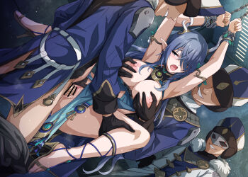 1girl 3boys antlers bar_censor bare_shoulders bdsm black_gloves blue_hair blue_hat bondage bound breasts captured censored clothed_sex deer_antlers defeat dress evil_smile eye_mask faceless faceless_male genshin_impact gloves grabbing_another&#039;s_breast grabbing_from_behind groping group_sex hair_over_one_eye hat hetero high_heels horns large_breasts lauma_(genshin_impact) long_hair marugoshi_(54burger) mask mmf_threesome multiple_boys nipples open_mouth pointy_ears pussy rape restrained sex smile threesome tongue vaginal