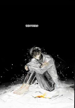 1boy absurdres barefoot black_hair black_shirt burning burning_paper chinese_text coat collared_shirt crossed_arms curled_up disintegration full_body highres hugging_own_legs kim_dokja lantercat looking_at_viewer male_focus omniscient_reader&#039;s_viewpoint open_clothes open_coat paper paper_stack partially_translated popped_collar scratches shirt short_hair sitting smirk snow solo too_many_papers translation_request white_coat