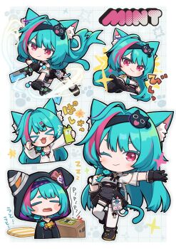 >_< 1girl :d animal_ear_fluff animal_ears black_boots black_skirt blue_hair boots breasts cat_ears cat_girl cat_hair_ornament cat_tail cellphone character_name chibi closed_eyes closed_mouth collared_shirt colored_eyelashes commentary_request dotted_line dress_shirt dual_wielding grey_background grey_shorts grid_background hair_intakes hair_ornament highres holding holding_phone holding_sword holding_weapon long_sleeves medium_breasts mint_(nte) multicolored_hair multiple_views neverness_to_everness notice_lines open_mouth outstretched_arm phone phone_with_ears pink_hair pointing puffy_long_sleeves puffy_sleeves red_eyes selfie shirt shorts skirt sleeping sleeping_upright smile sparkle streaked_hair sword tail thighhighs totatokeke underboob weapon white_shirt white_thighhighs xd zzz