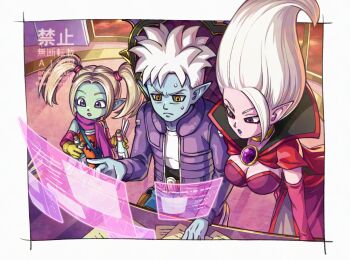 1boy 2girls :o aqua_skin black_eyes black_lips blonde_hair blue_skin border bottle breasts bridal_gauntlets brooch cape chair choker cleavage closed_mouth colored_skin commentary_request demon_girl dr._arinsu dragon_ball dragon_ball_daima dress elbow_gloves glorio_(dragon_ball) gloves holding holding_bottle holographic_interface indoors jacket jewelry jumpsuit kisakitouge_mari large_breasts leaning_forward lipstick long_hair long_sleeves makeup multiple_girls on_chair open_clothes open_jacket open_mouth orange_jumpsuit pansy_(dragon_ball_daima) paper pink_bridal_gauntlets pink_skin pointing pointy_ears purple_dress purple_eyes purple_jacket purple_scarf red_cape scarf shirt short_hair sitting spiked_hair sweat tall_hair twintails twitter_username watermark white_border white_hair white_shirt window yellow_choker yellow_eyes yellow_gloves