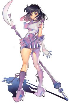 1990s_(style) 1girl arutera bad_id bad_pixiv_id bishoujo_senshi_sailor_moon boots female_focus from_behind glaive_(polearm) gloves high_heels highres holding holding_polearm holding_spear holding_weapon knee_boots looking_back md5_mismatch polearm purple_footwear purple_skirt retro_artstyle sailor_saturn shadow shoes silence_glaive skirt solo spear staff tiara tomoe_hotaru weapon white_gloves