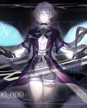 1boy arms_up belt black_gloves blue_eyes chinese_commentary closed_mouth collar commentary_request elio_(honkai:_star_rail) evil_smile floating_hair formal_clothes frilled_collar frilled_sleeves frills gloves glowing glowing_eyes hair_between_eyes hair_ribbon highres honkai:_star_rail honkai_(series) jewelry jiabaina layered_sleeves light_blush long_sleeves looking_at_viewer looking_down low_ponytail ponytail procreate_(medium) ribbon shade shaded_face short_sleeves shorts smile solo suit thighlet thighs upper_body white_hair