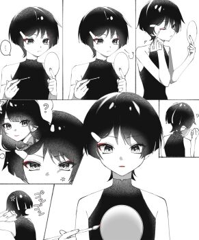 1boy 1girl ? anger_vein applying_makeup applying_own_makeup blunt_bangs blunt_ends bodysuit closed_mouth eyeliner eyeshadow fingernails flower genshin_impact greyscale hair_flower hair_ornament hairclip hand_mirror hands_up highres looking_at_mirror makeup makeup_brush male_focus mandarin_collar mirror mole mole_under_eye monochrome mother_and_son one_eye_closed puff_of_air raiden_shogun red_eyeliner red_eyeshadow red_lips scaramouche_(genshin_impact) sequential sleeveless sleeveless_bodysuit solo spoken_character spot_color string swept_bangs takura_0103 wanderer_(genshin_impact) wispy_bangs