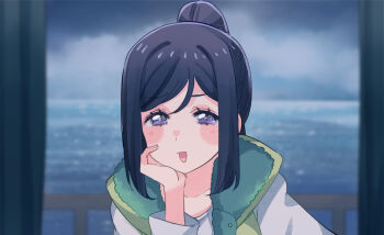 1girl :d blue_hair blurry blurry_background blush collarbone commentary cream_(nipakupa) dark_blue_hair hand_on_own_cheek hand_on_own_face high_ponytail indoors jacket long_hair long_sleeves looking_at_viewer love_live! love_live!_sunshine!! matsuura_kanan ocean open_clothes open_jacket open_mouth ponytail purple_eyes shirt smile solo upper_body white_jacket white_shirt